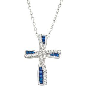 Sterling Silver Lab Created Blue Spinel Cross necklace